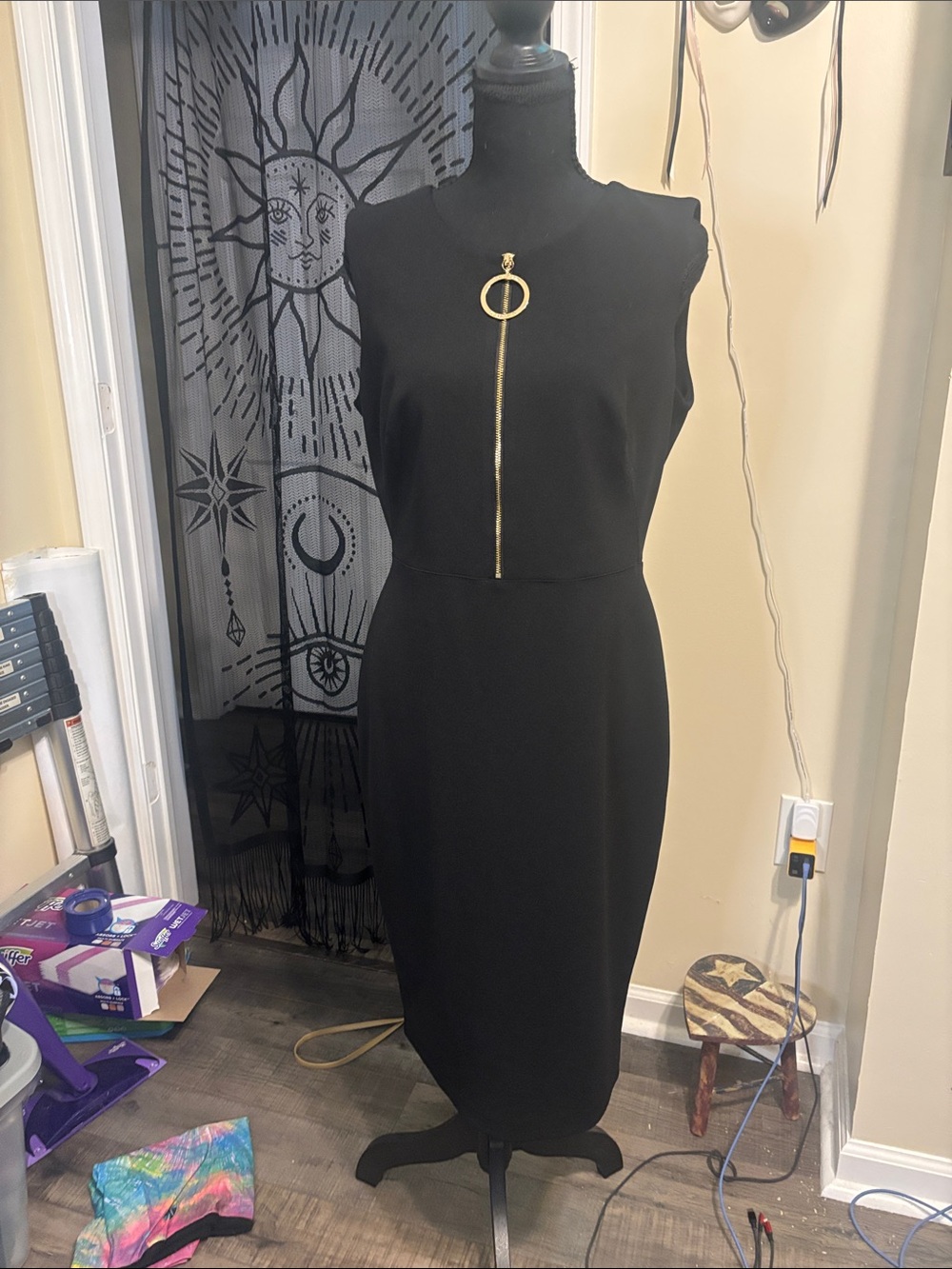 Calvin Klein Black Sheath Dress with Gold Ring Zip